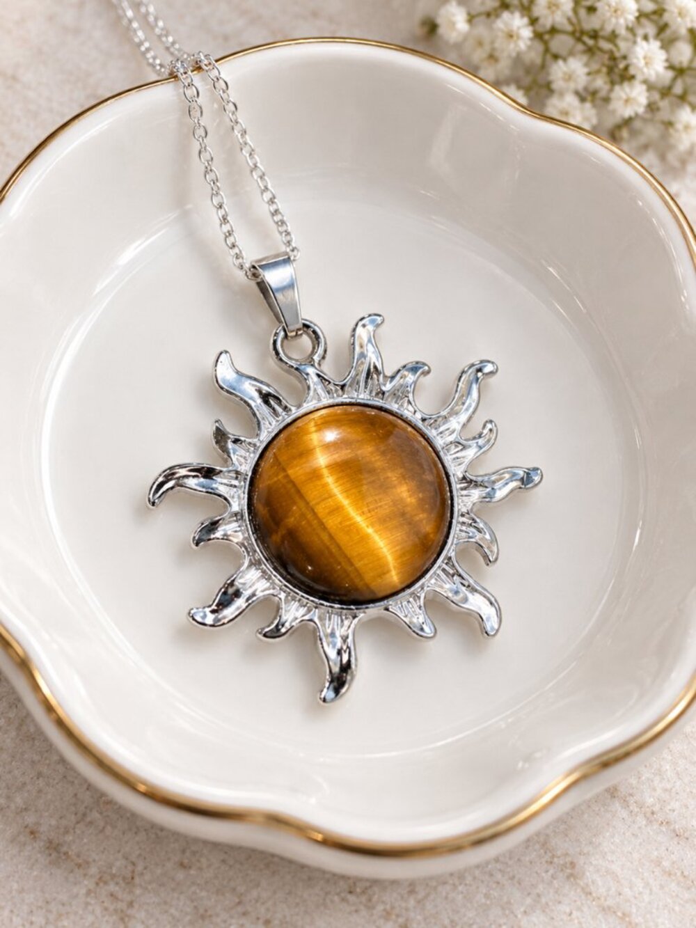 Blue Crazy Lace Agate Sun Pendant Necklace